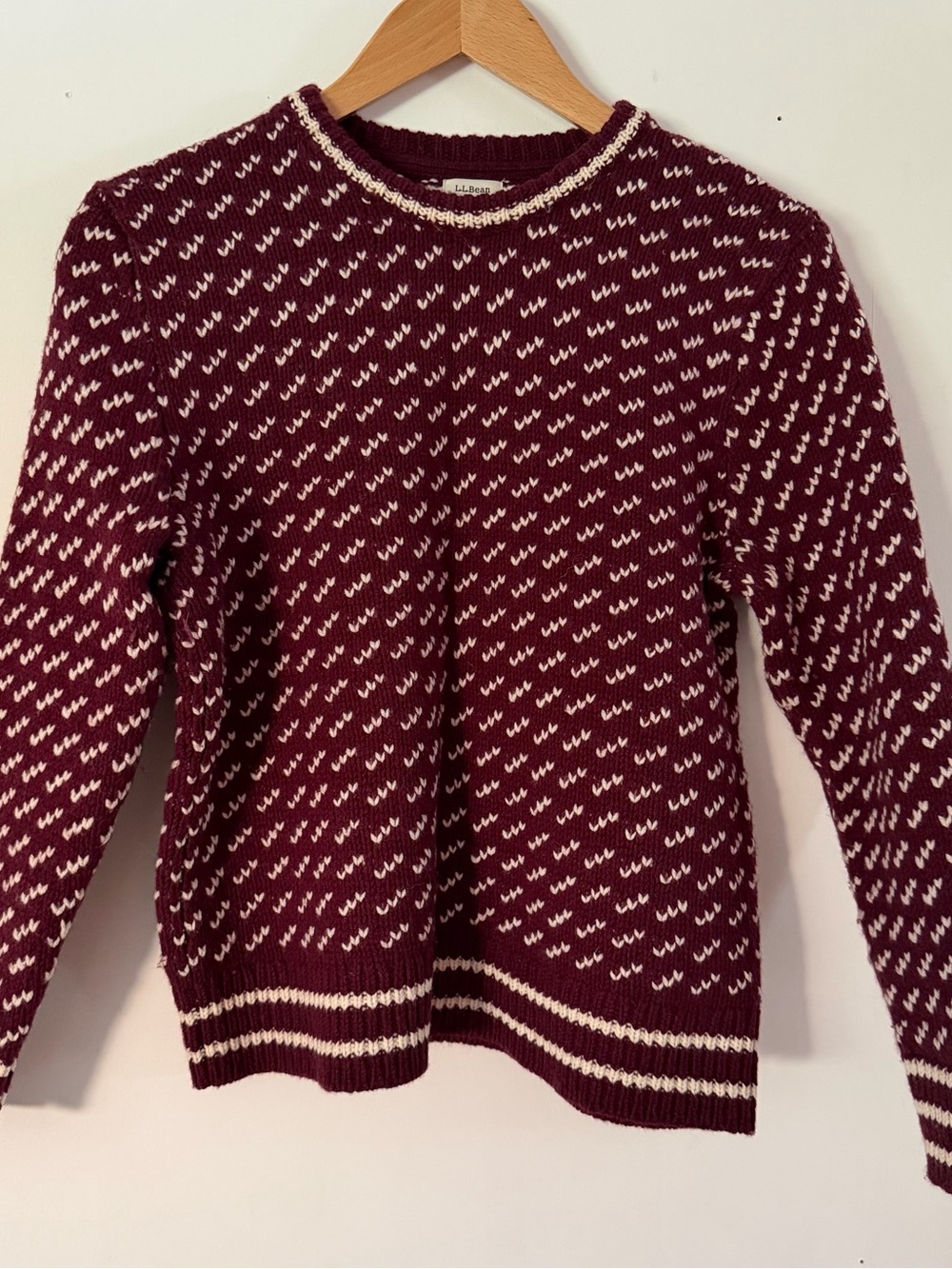 L.L. Bean Birdseye Lambswool Crewneck Sweater Burgundy White Petite Medium PM